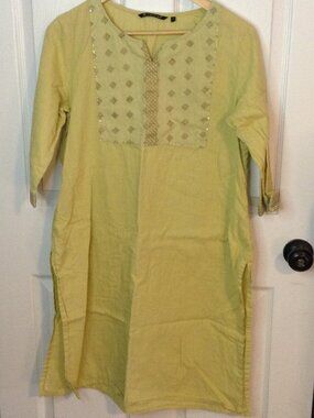Melange by Lifestyles L Muted Yellow Cotton Embroidered Traditional Kurta Indian